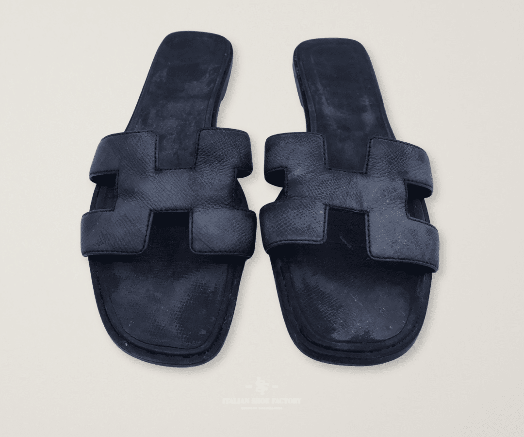 Black Hermès Oran sandal restoration before and after Dubai before